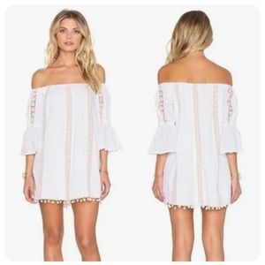 Tularosa Sara White Off the Shoulder Pom Trim Swiss Dot Shift Dress